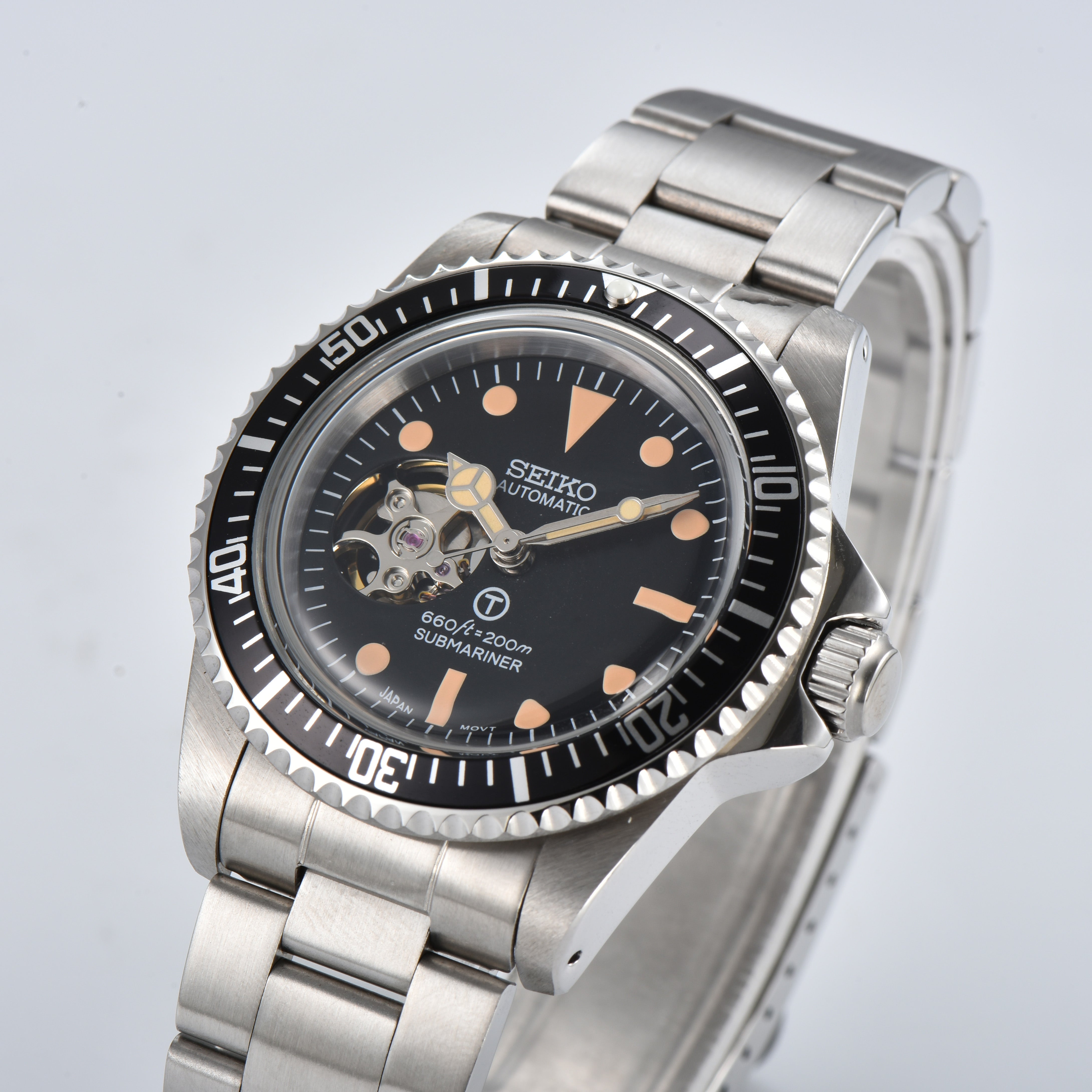 Custom Seiko Vintage Milsub Open Heart Steel Mercedes Hands Mod