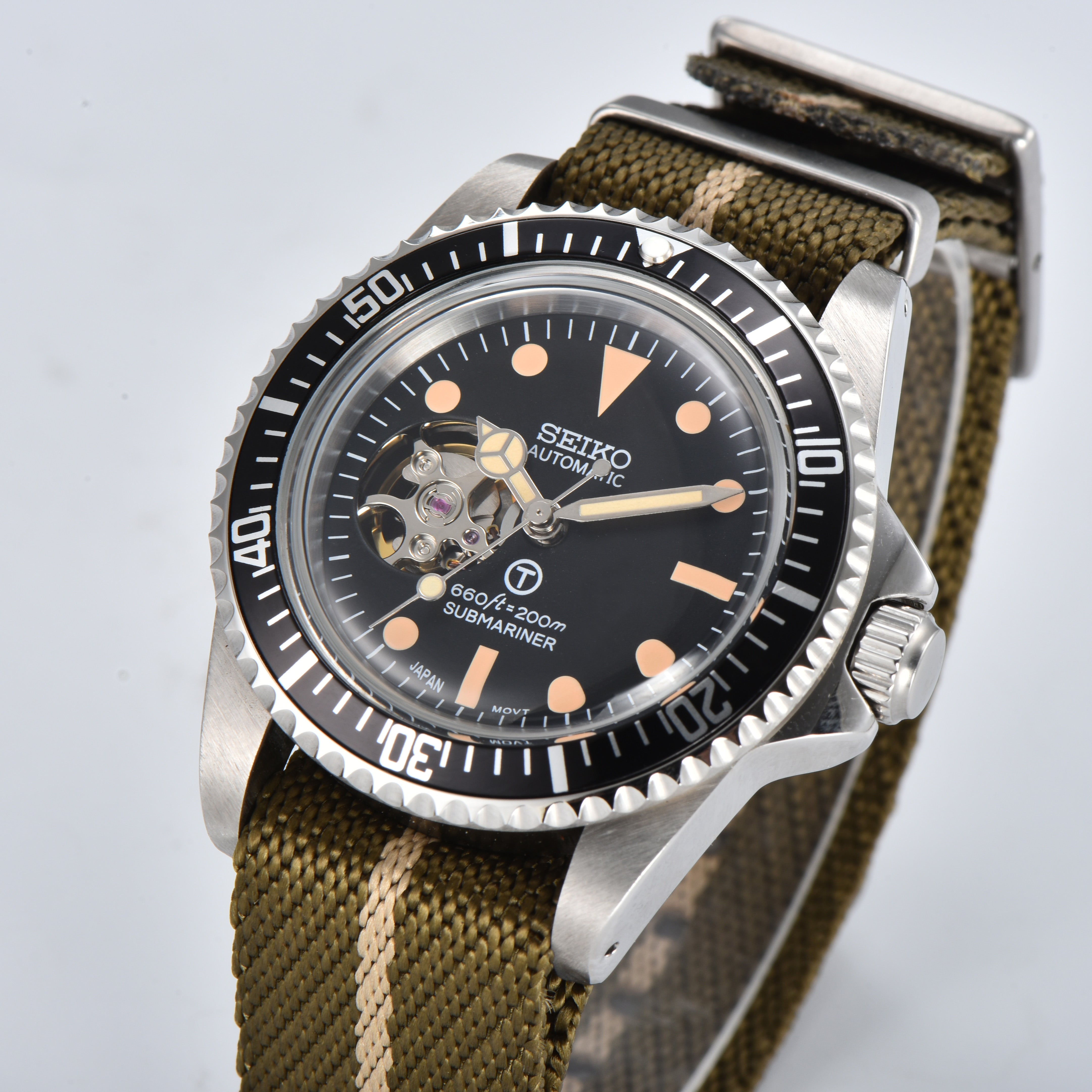 Custom Seiko Vintage Milsub Open Heart Nylon Green Mod