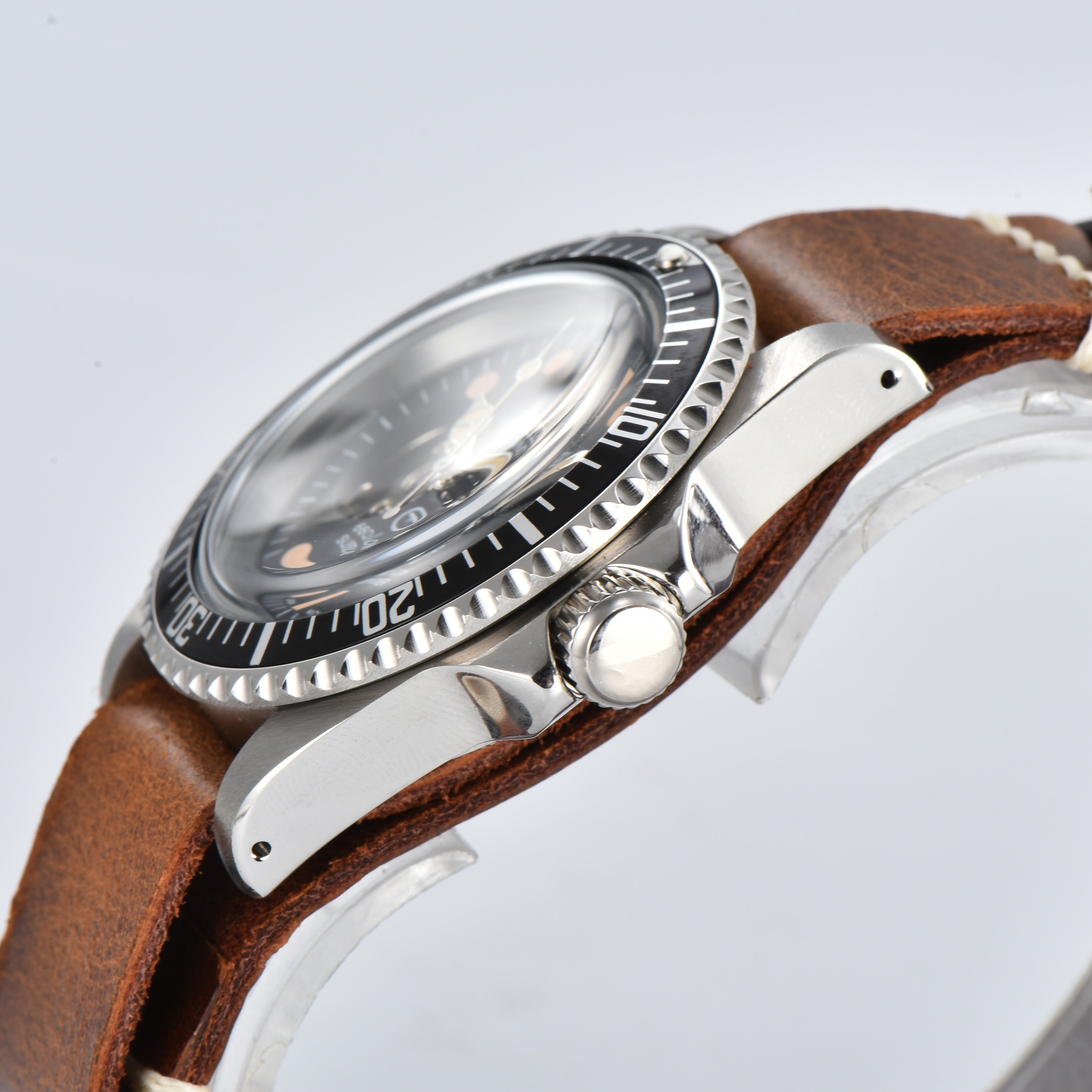 Custom Seiko Vintage Milsub Open Heart Nylon Brown Leather Mod