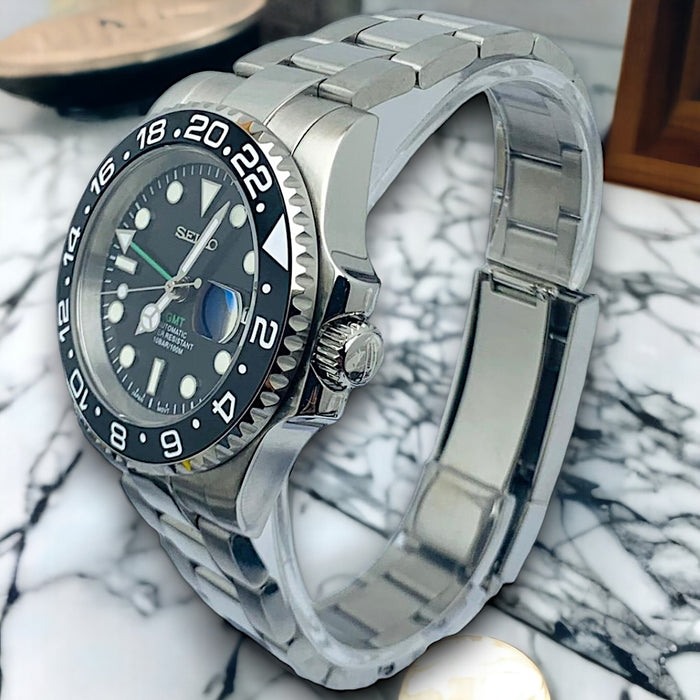 Custom Seiko MilSub Vintage Black Green GMT Benz Date Mod – ZJani Watches